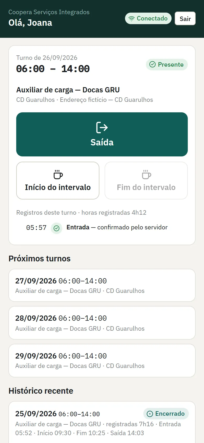 Tela do FramTurno: App do profissional. Registro de presença pelo celular, com localização e funcionamento offline.